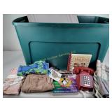 Large storage tote, lamp finials, telephone, hand