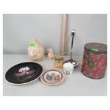 Tin, ceramic rabbit jar, Quimper pottery plates,