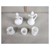 2 cruets: 1 avon, 3 toothpick  holders: