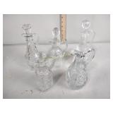 5 clear glass cruets mismatched  stoppers