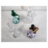 2 rainbow splatter glass cruets, 2 clear cruets