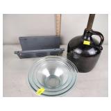 Stoneware jug, glass mixing bowls