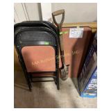 Card table and chairs, shovel
