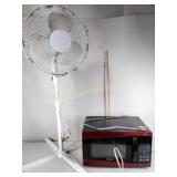 West Bend countertop microwave, floor fan