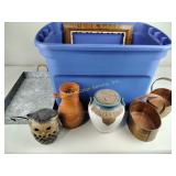 Pottery owl, galvanized tray, picture frame,
