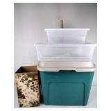 3 plastic storage totes, decorative metal waste