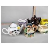 Teapots, creamer, jug, mug. Bennington teapot is