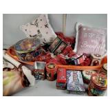 Plastic sled, Christmas pillows, throws, tins
