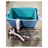 Broken sled, mini artificial tree, storage totes