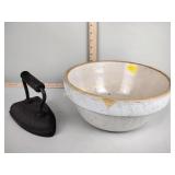 Stoneware mixing bowl (chip), sad iron