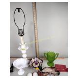 Milk glass lamp & compote, porcelain bird