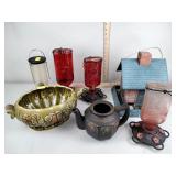 Glass hummingbird feeders, bird house, misc.