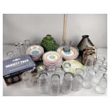 Drinking glasses, dishes, decorative wood milk