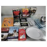 Pyrex baking dishes, fire king pie plate, books