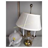 Ceramic punch bowl, brass table lamp