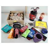 Canada bobble head, golf bar set, cigar box,