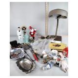 Glass nativity figures, kitchen utensils, pewter