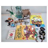 Penguin tea set, green ball jar, plastic frog