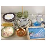 Silverplate serving trays, glass bowls, green