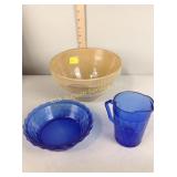 Crock bowl has crack,  Snow blue pitcher and dish