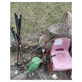 Childs chairs, golf clubs, tennis rackets, basket