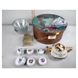 Wood box with painted lid, salad bowls, trinket