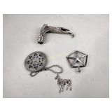 Metal horse, car adornment,  and other pieces