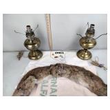 Brass electric lamp bases, alfalfa bag, fur