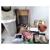 Wash board, books, Terra cotta flower pots, trash