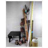 Wood stool, owl lawn decor, handles, waste can