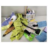 Towels, rug, cleaning scrub pads