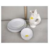 Ironstone gurgling jug,  ironstone plates and