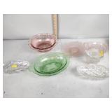 pink Depression glass bowl, green depression