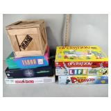 Board games including monopoly, taboo, who wants
