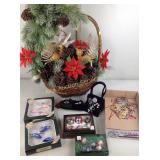Christmas basket arrangement, ornaments, bells,