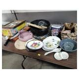 Miss Peep doll, Hager swan bowl, platters,