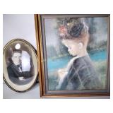 Framed pictures including clown, child, young man