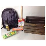 Wood crate, wasp spray, backpack, sponges,