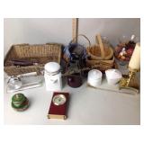 Baskets, jars, candles, candle holders, clock,