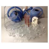 Wire stack baskets, glassware, watering cans,