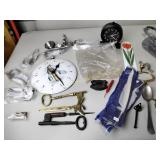 Cast iron, keys, marbles, clock, thermometer,