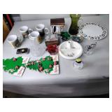 John Deere mugs, holiday pins, crackle glass