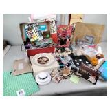 Storage totes and maps, heater, office supplies,