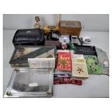 Tin, shoe polish kit, books, cigar box,