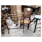 Quilt rack, cane back and bottom rocking chair,