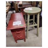 Painted bar stool and side table with drawers,