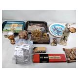 Tin trays, perfume bottles, rabbit, alabaster