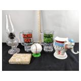 Ziggy character mugs, oil lamp, banks