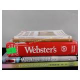 Books, stoneware, depression glass, dictionary,