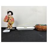 Asian sewing basket with glass beads, statuette,